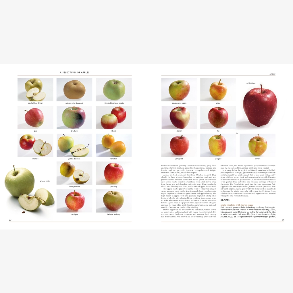 An interior spread, showing types of apples.